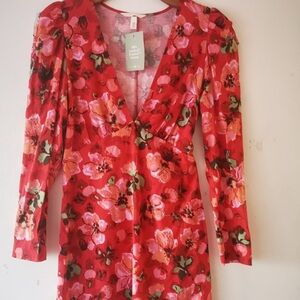 H&M Red and Pink Floral Long Sleeve Dress